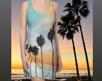 Palm Tree Racerback Dress, Tropical Beach Cover-Up