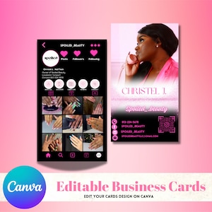 Instagram Visitenkarten, DIY Canva Template Design, Schwarze und Pinke Nail Tech Karten, Lash Tech Karten, Make Up Artist Karten, Vorgefertigte Karten