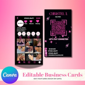 Instagram-visitekaartjes, doe-het-zelfcanva-sjabloonontwerp, zwarte en roze nagelkunstkaarten, Lash tech-kaarten, kaarten make-upartiest, kant-en-klare kaart