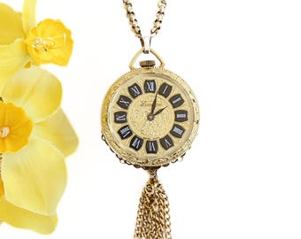 Vintage Lucerne Pendant Watch with Reversible Orange Crystal Ornament, Whiting and Davis Chain, Refurbished with New Quartz Movement