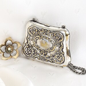 Antique Edwardian Silverplated Floral Dance Purse, Evening Minaudiére