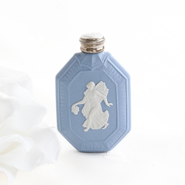 Vintage Blue Wedgwood Jasperware Flora Perfume Bottle with Sterling Silver Cap