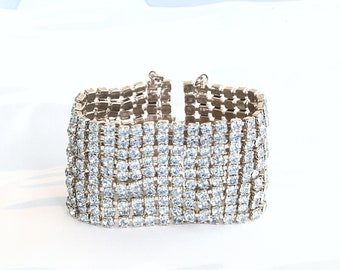 Vintage Blue Rhinestone Wide Cuff Statement Bracelet