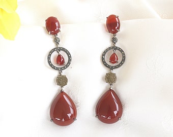 Vintage Carnelian Marcasite Sterling Silver Drop Earrings