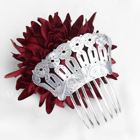 Antique Silver Decorative Hair Comb, Victorian Floral  display picture 1