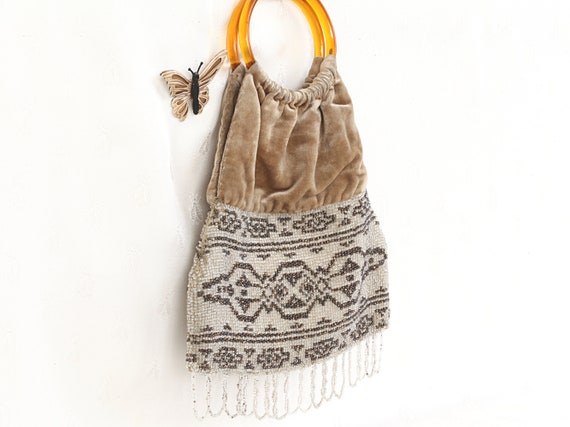 Antique ArtDeco Beaded Velvet Fringe Bag Reticule - image 2