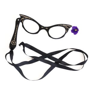 Vintage Reading Glasses Cat&#39;s Eye Folding Lorgnettes, Black Lacquered, 3+ Lens Power