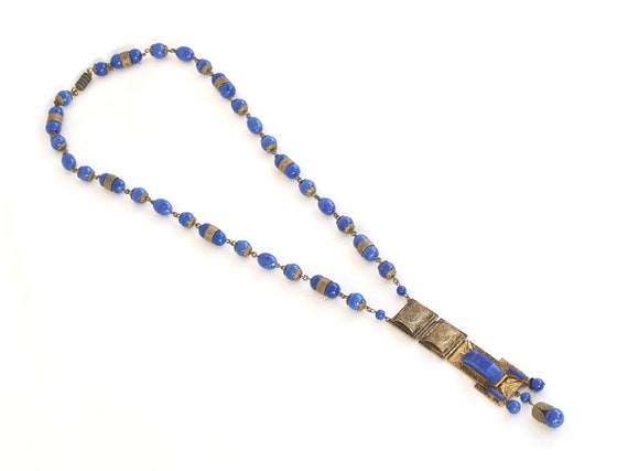 Antique Blue Art Deco Egyptian Revival Necklace 1… - image 5