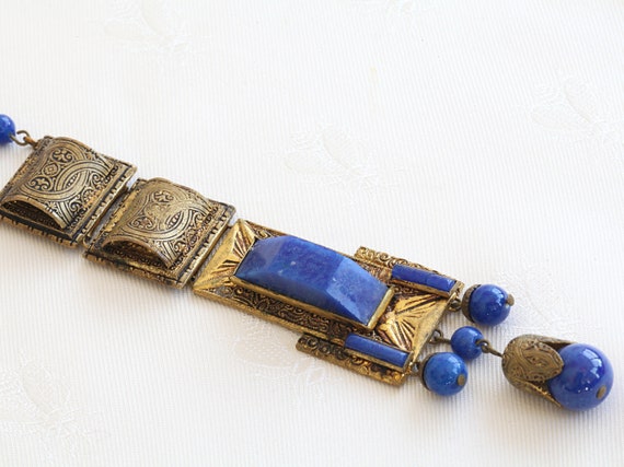 Antique Blue Art Deco Egyptian Revival Necklace 1… - image 7