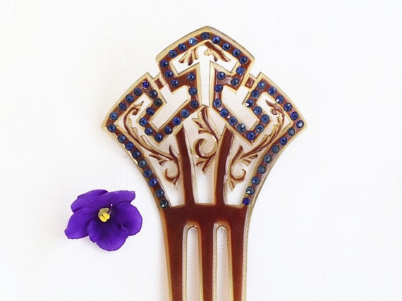 Antique 1920s ArtDeco Blue Rhinestone Hair Comb - image 7