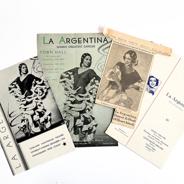 Vintage 1930s La Argentina Flamenco Dancer Collection with Programs, Performance Flyer and Clipping