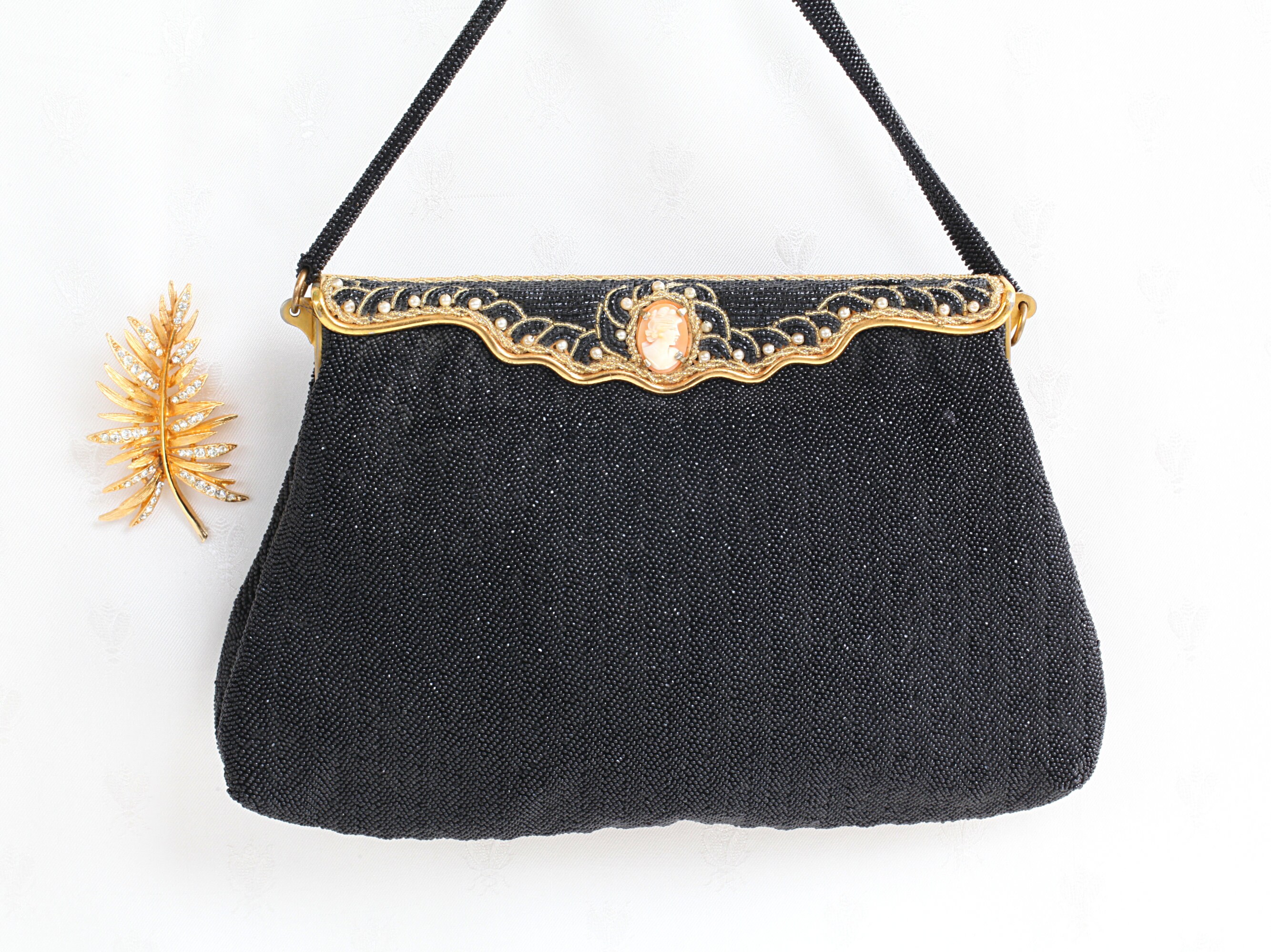 Vintage Black Beaded Handbag or Clutch, Pristine Condition, Hand Made in Japan with Italian Glass Beads, Sarne Import, 1960s