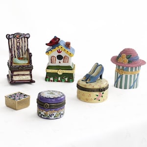 Vintage Assorted Trinket Jewelry Pill Boxes, Sold Individually, Millefiori, Rocking Chair, Blue Shoes, Hatbox, Purple Floral, Birdhouse