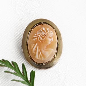 May include: Oval cameo brooch featuring a carved profile of a woman in profile, set in a gold-toned frame. The cameo is a light peach color, and the frame has a simple, elegant design. A classic piece of jewelry.