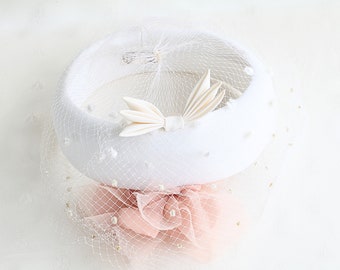 Vintage White Bridal Pill Box Veil Hat Fascinator with Bow
