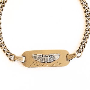 Bracciale a cuore vintage della Seconda Guerra Mondiale, riempito in oro, vermeil, con incisione "Pauline", con insegne in argento delle forze aeree