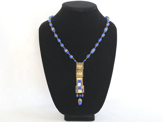 Antique Blue Art Deco Egyptian Revival Necklace 1… - image 4