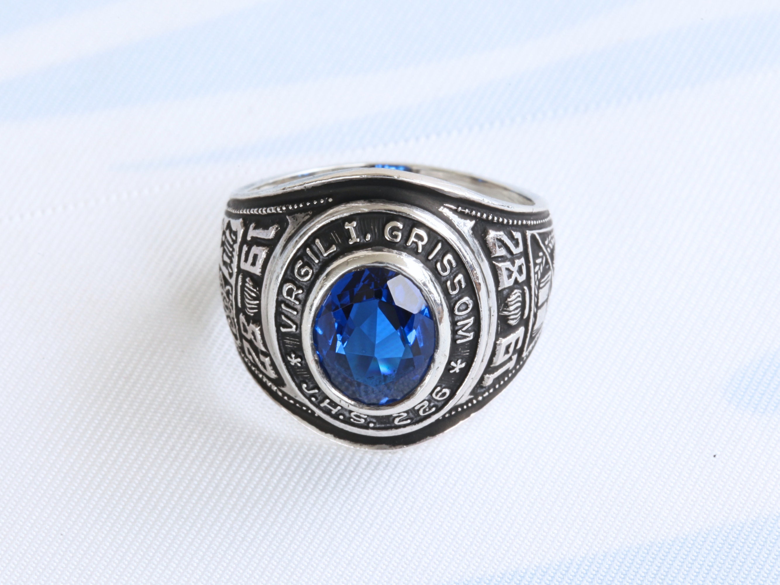 Vintage Class Ring Blue Spinel Sterling Silver, Size 8, Virgil I