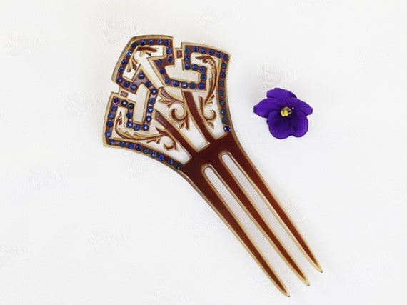 Antique 1920s ArtDeco Blue Rhinestone Hair Comb - image 3