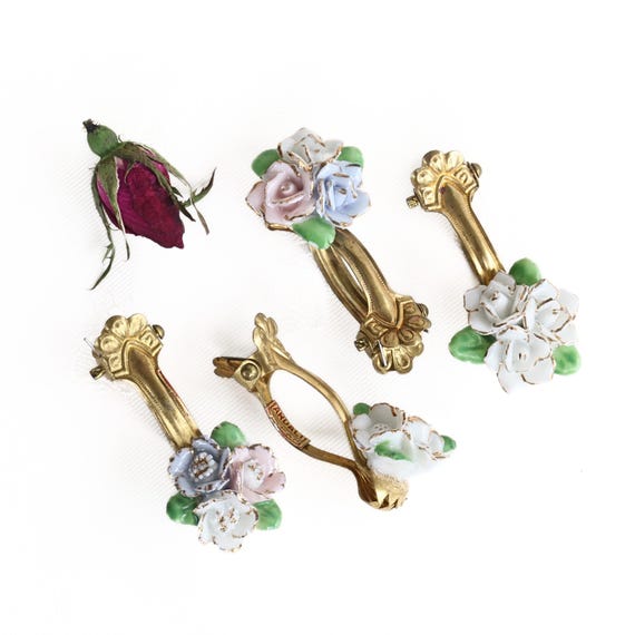 Vintage Porcelain Hair Clips, Floral Goldtone Embossed  display picture 1