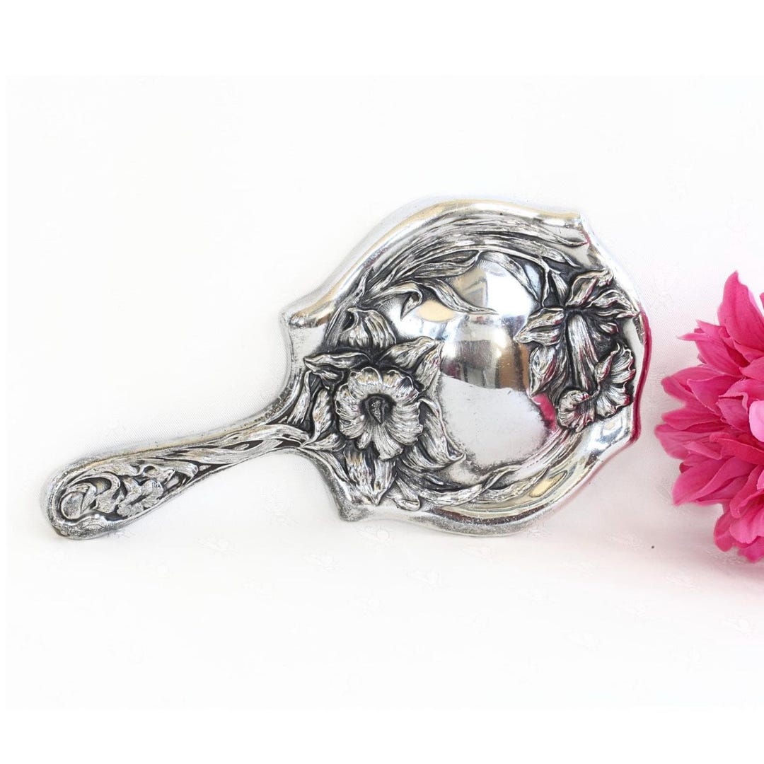 Antique Victor Silver Plated Handheld Mirror, Art Nouveau Floral