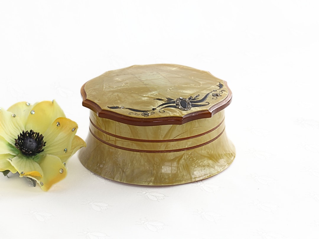 Antique Powder Box Vanity Container, Celluloid Floral Design, Art Deco ...