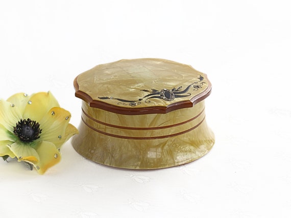Antique Powder Box Vanity Container, Celluloid Floral Design, Art Deco Style