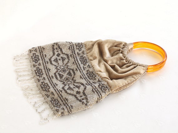 Antique ArtDeco Beaded Velvet Fringe Bag Reticule - image 3