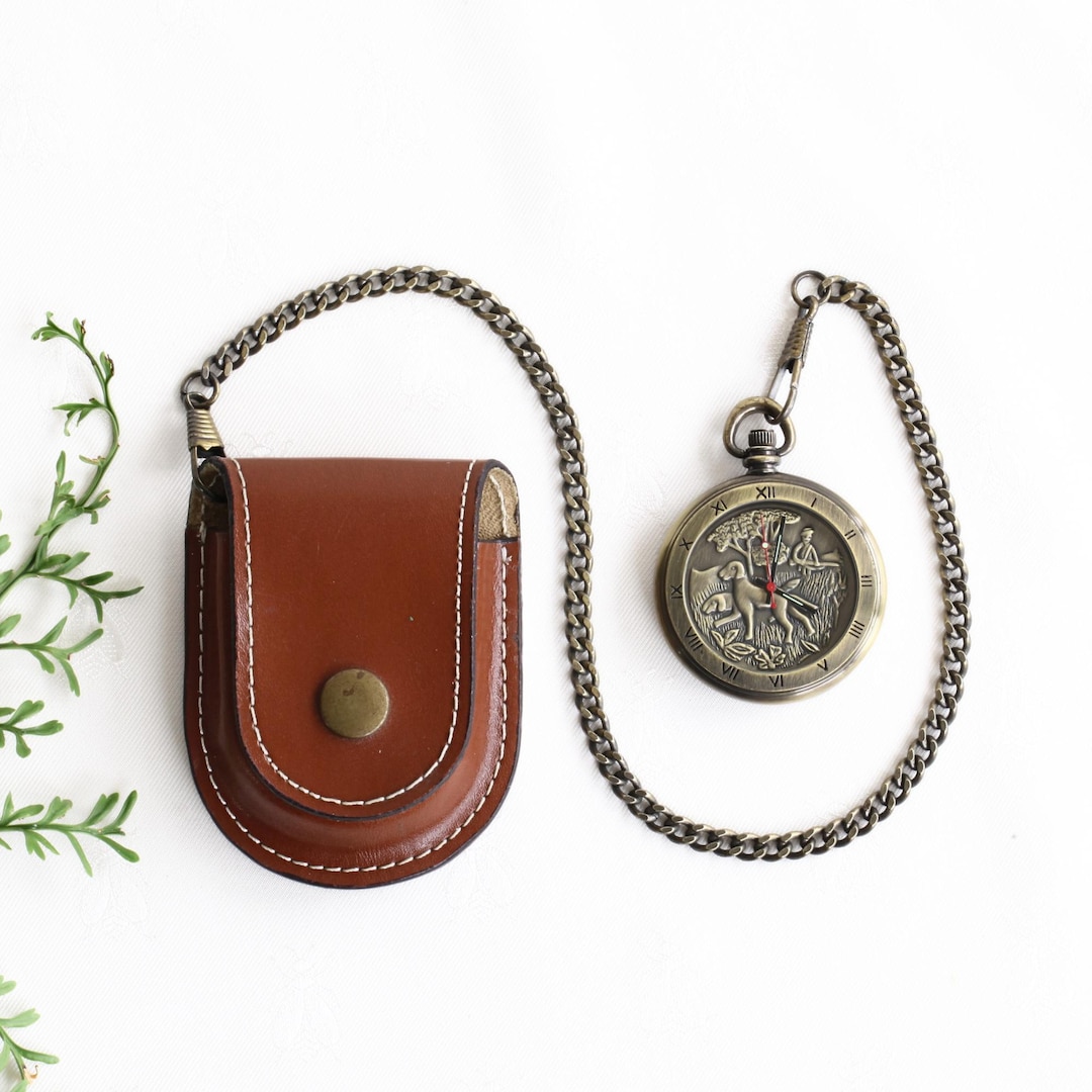 Vintage Pocket Watch With Chain and Leather Case, Great Land