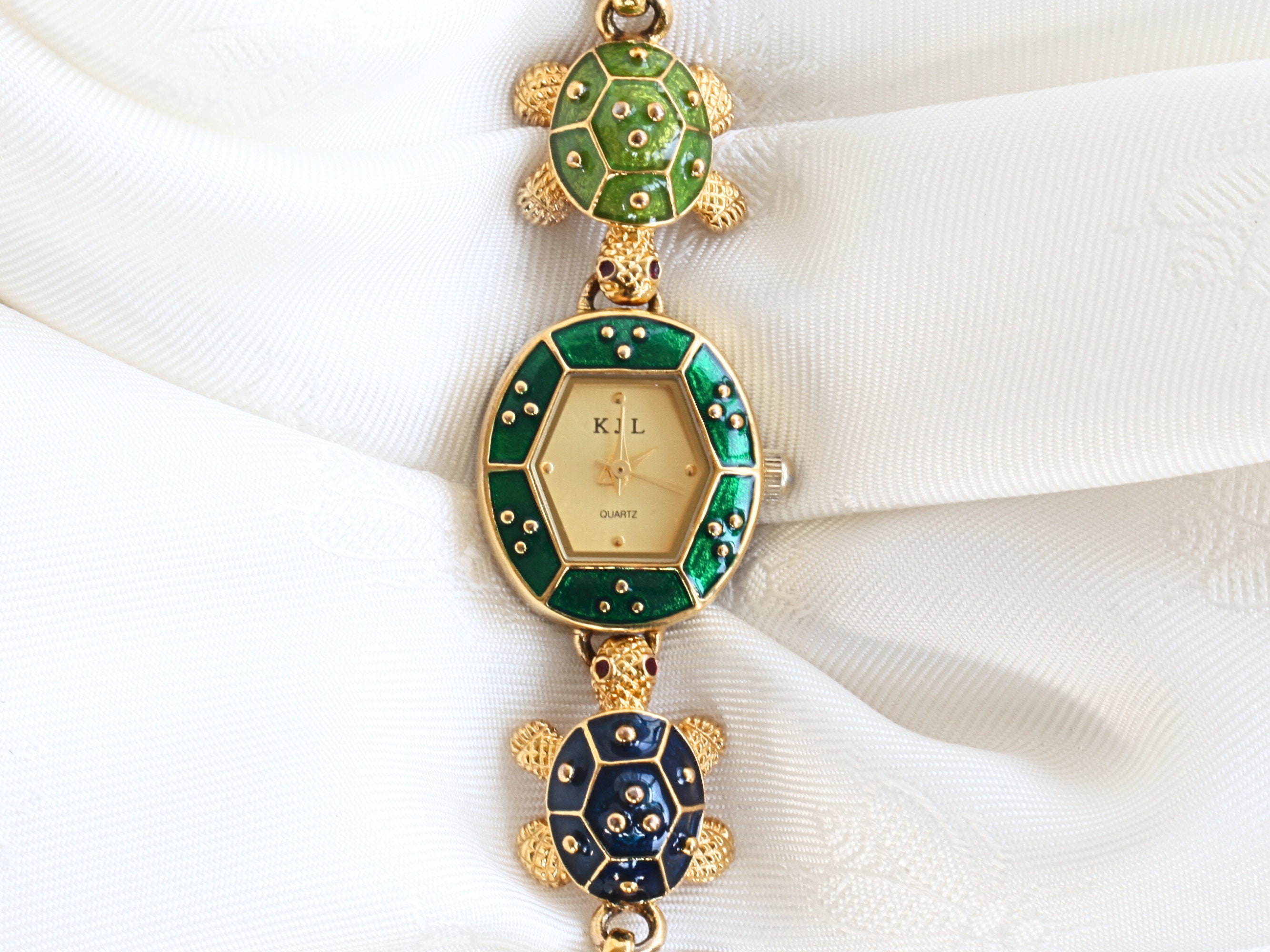 Vintage Kenneth Jay Lane Enameled Turtles Watch, 10K Gold Plated