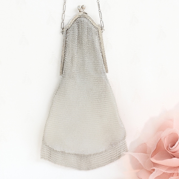 Antique Whiting&Davis Silver Mesh Mini Evening Bag, Newly Lined in Dupioni Silk