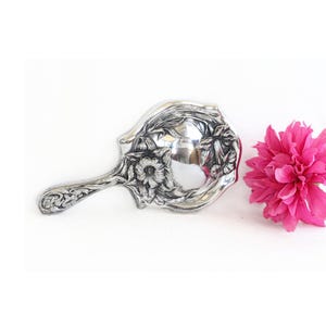 Antique Silverplated Handheld Mirror with Art Nouveau Floral Repoussé, Victor Silver, Derby Silver Company