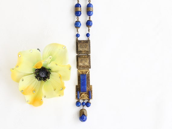 Antique Blue Art Deco Egyptian Revival Necklace 1… - image 2