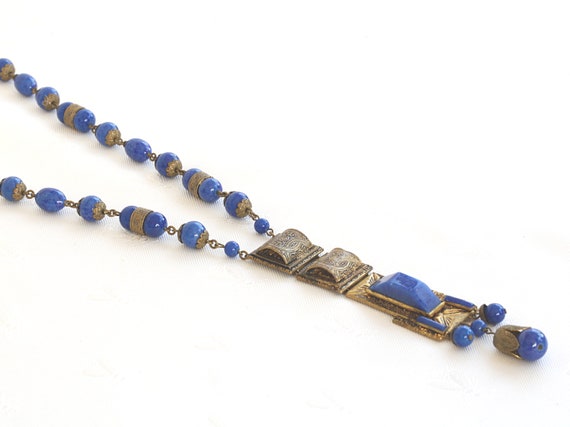 Antique Blue Art Deco Egyptian Revival Necklace 1… - image 3