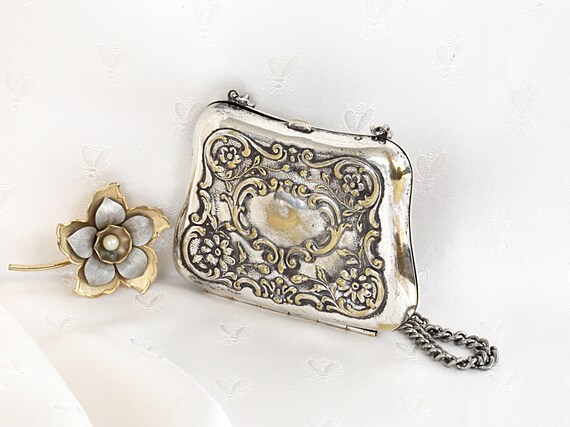 Antique Edwardian Silverplated Floral Dance Purse… - image 1