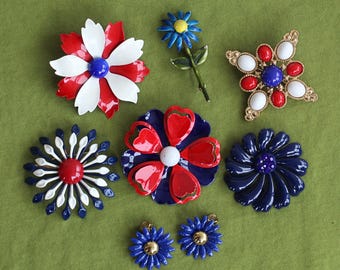 Vintage 60s Colorful Enameled Flower Brooches Pins and Earrings, Sold Individually, Red, White and Blue