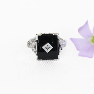 Vintage Art Deco Silver Onyx Diamond Pinky Ring, Size 3 1/2