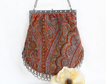 Antique Victorian Orange Woven Beaded Evening Purse, Newly Lined in Dupioni Silk