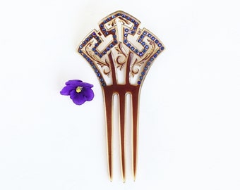 Antique 1920s ArtDeco Blue Rhinestone Hair Comb