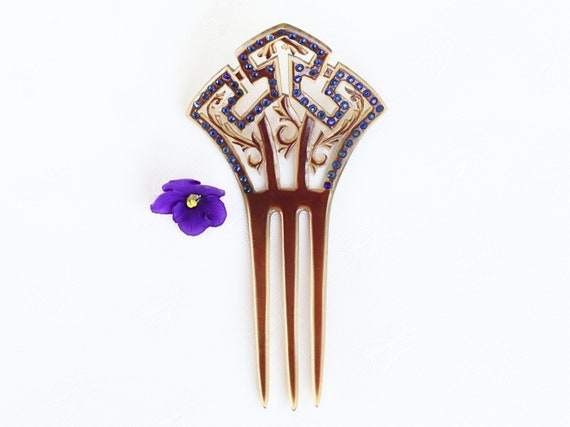 Antique 1920s ArtDeco Blue Rhinestone Hair Comb - image 1