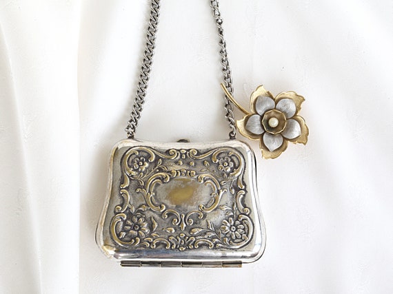 Antique Edwardian Silverplated Floral Dance Purse… - image 2