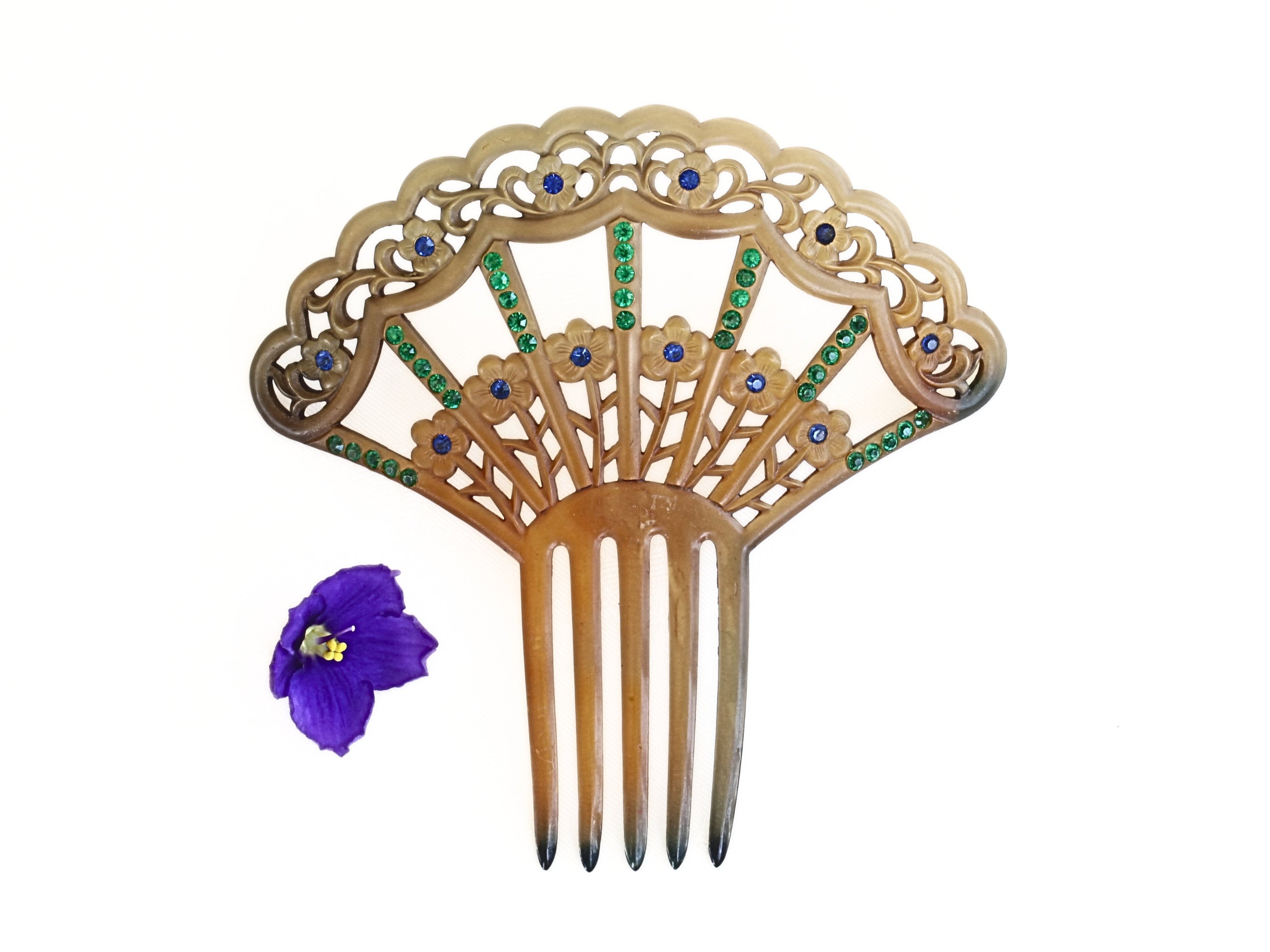 Antique Large Hair Comb Victorian Gold Sparkly Celluloid with Blue crystals Art Deco Celluloid Hair Comb Teal Blue Sapphire Rhinestones  main image 4