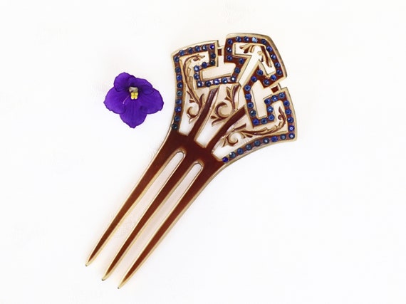 Antique 1920s ArtDeco Blue Rhinestone Hair Comb - image 2