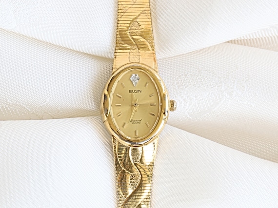 Vintage Elgin Diamond Goldtone Embossed Quartz Watch - Etsy Vintage Elgin Diamond Goldtone Embossed Quartz Watch - Etsy