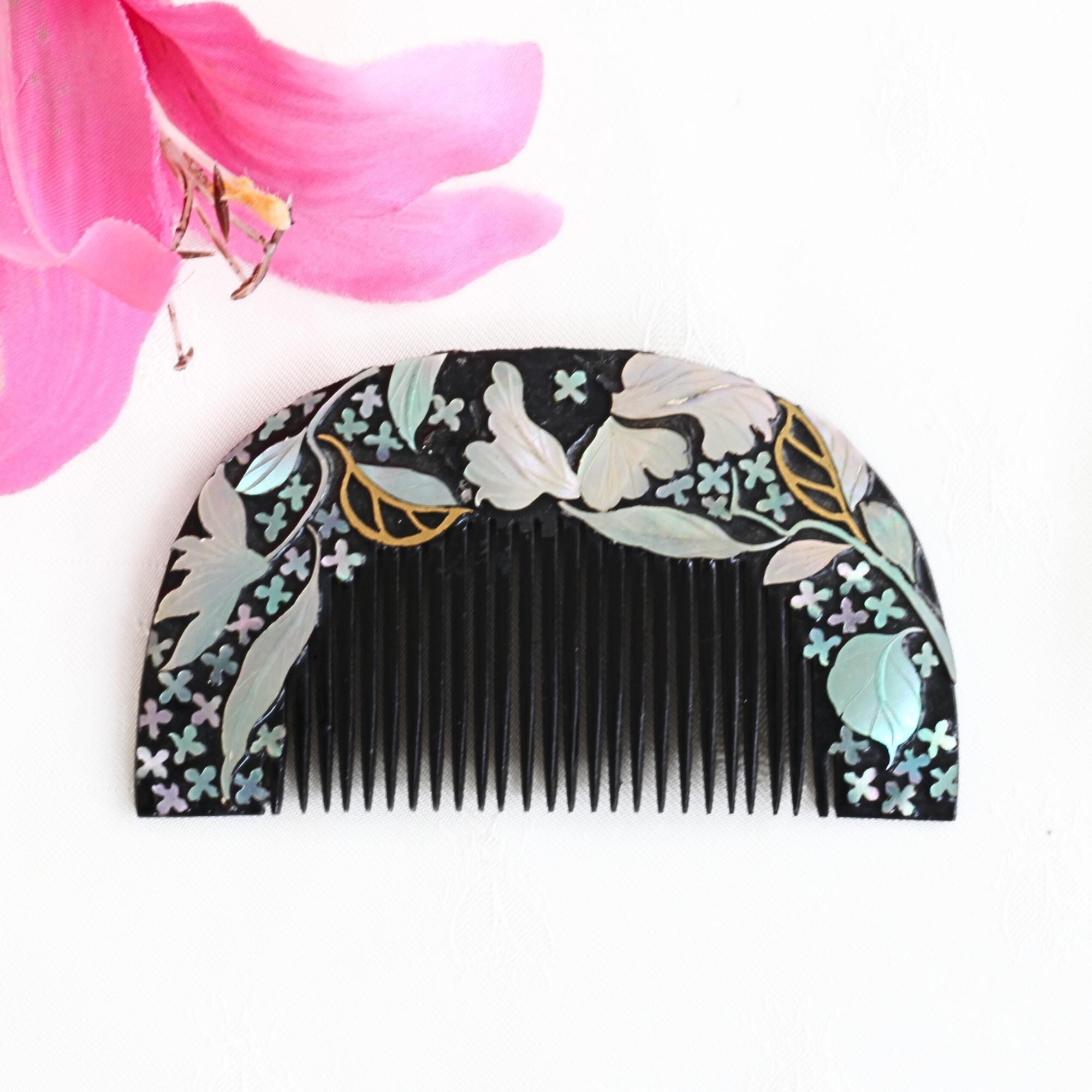 Beautiful Vintage black lacquer hand painted hair accessories by Sarsaparilla Hair Lacquer - Etsy main image 3