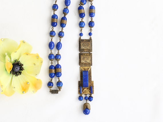 Antique Blue Art Deco Egyptian Revival Necklace 1… - image 1