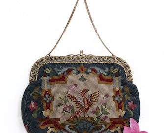Antique Needlepoint Tapestry Handbag, Floral with Phoenix Bird, Gold Gilt Frame