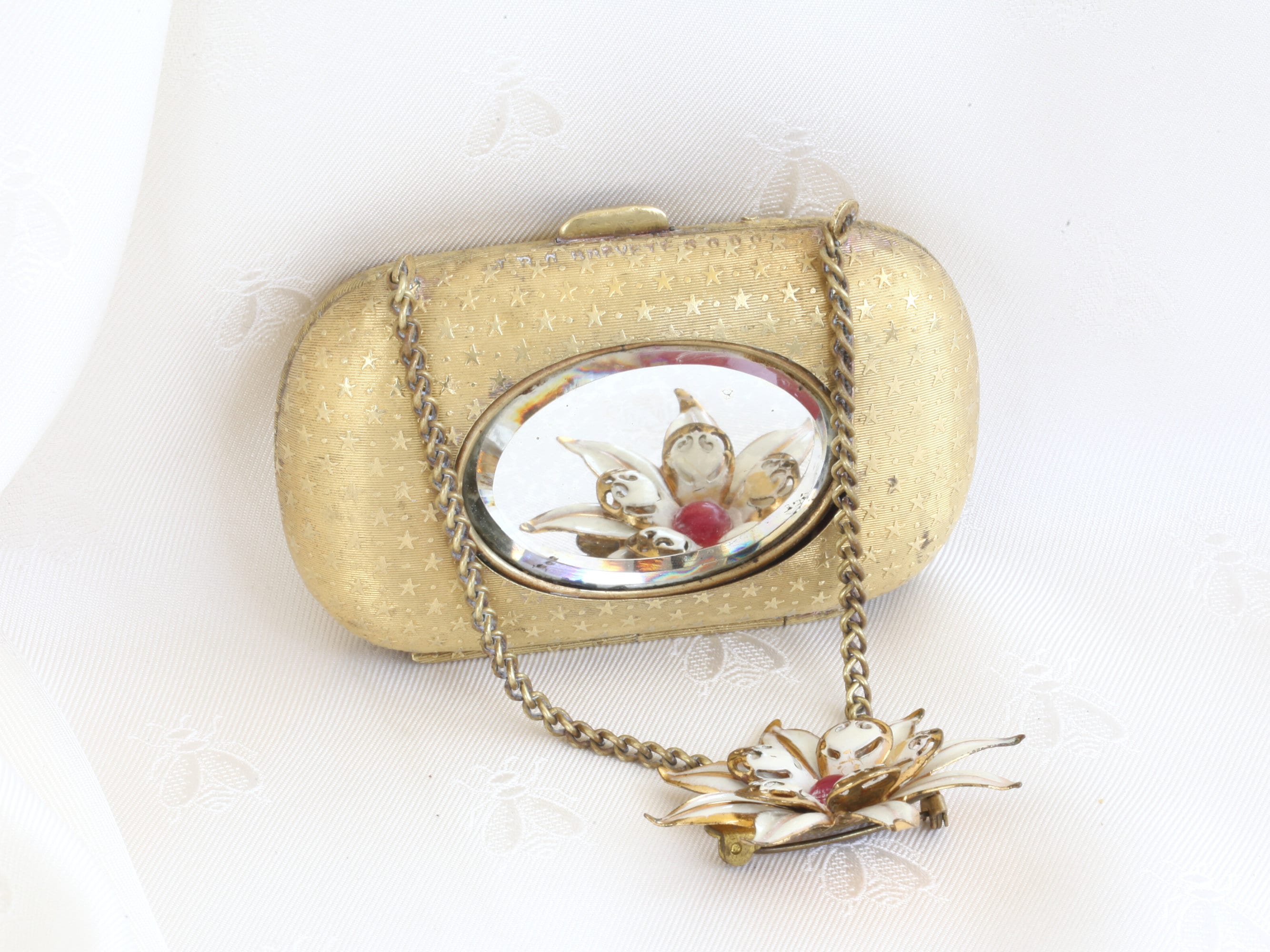 Antique French Brass Mirrored Compact Coin Purse, Art