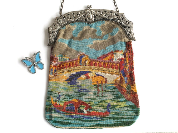 Antique 1920s Figural Microbeaded Silver Venetian Purse Scene -  Sweden