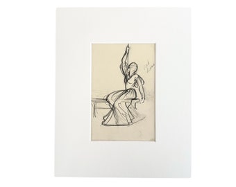 Original Matted Pencil Sketch Woman on Bench, 1930s by Micaela Martinez Ducasse